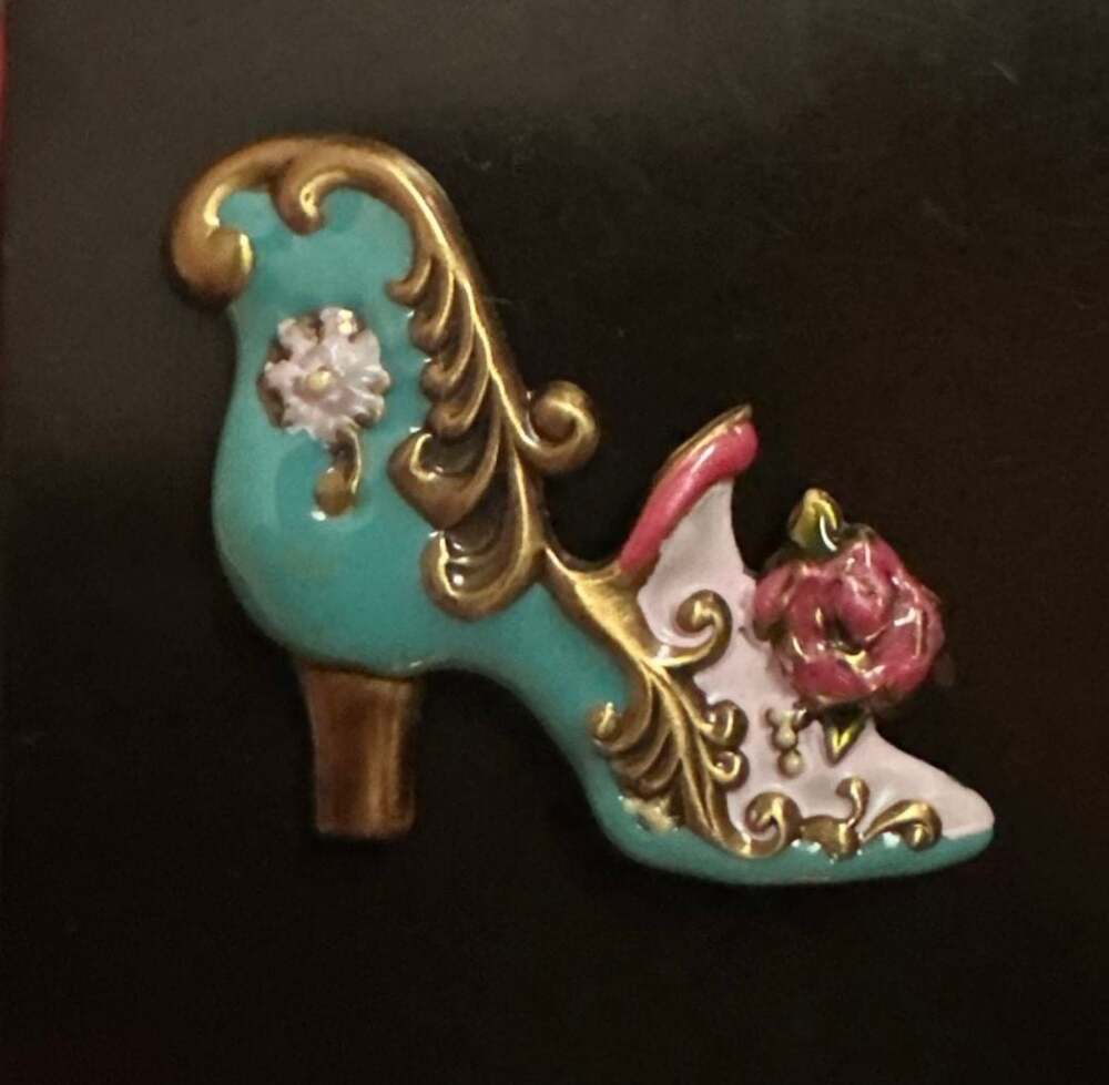 Vintage Enamel High Heel Shoe Brooch Pin Floral Gold Tone